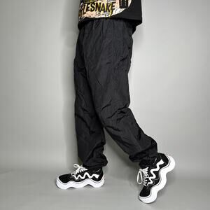 Vintage Track Pants Jet Black Nylon Joggers Elastic Cuffs has Ankle Zippers 90s